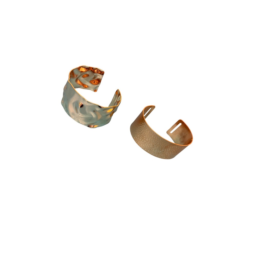 Gold Tone Cuff Bracelet Set Hammered Molten & Pebbled Textured Wide Band Cuffs